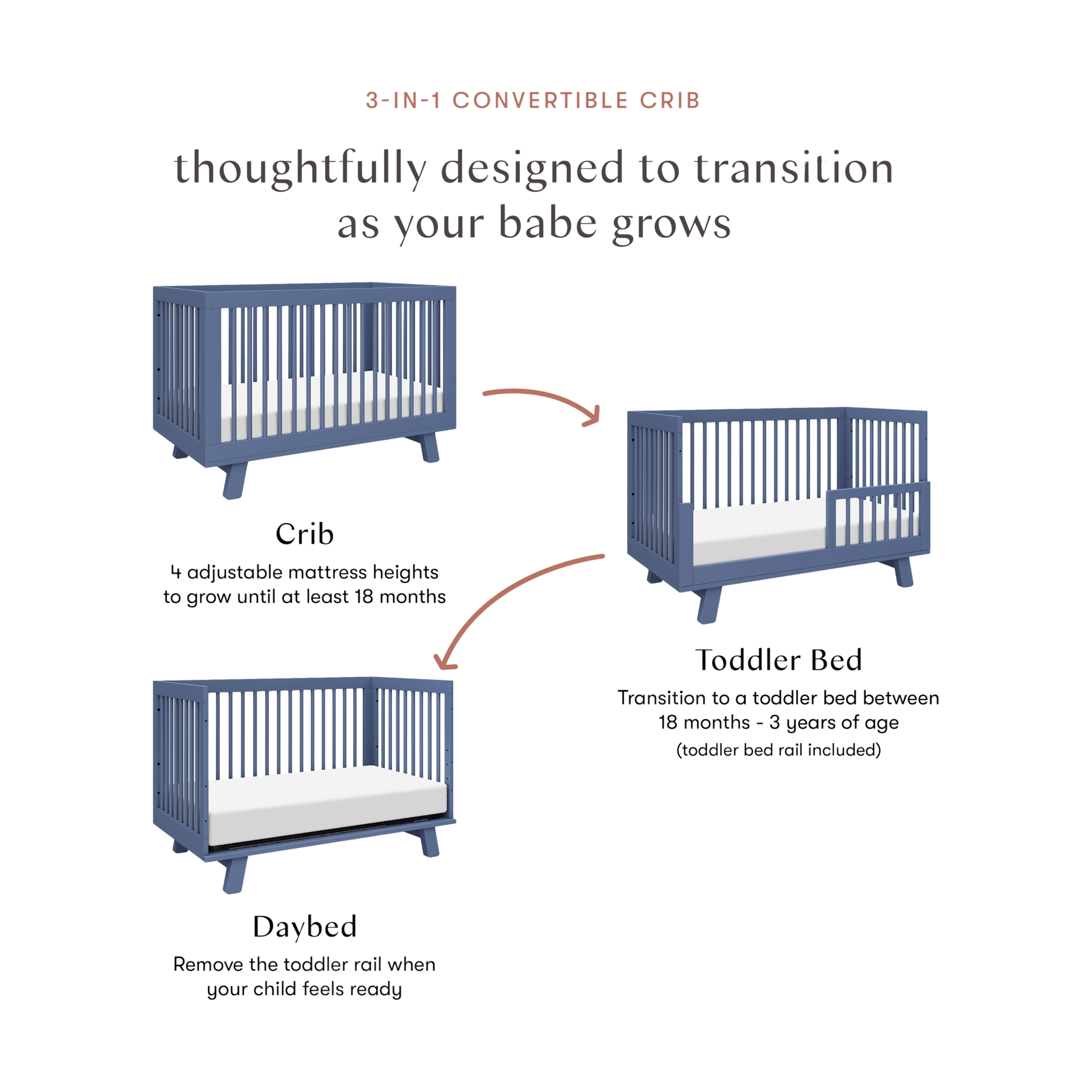 babyletto Hudson 3-in-1 Convertible Crib with Toddler Bed Conversion Kit - Cove Blue.