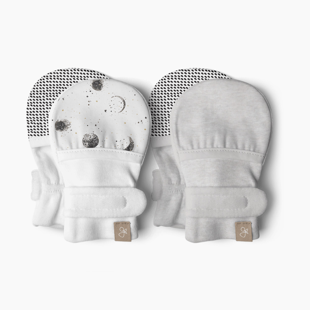 Goumi Kids Stay-On Baby Mitts (2 pack) - Many Moons + Storm Grey, 0-3 M.