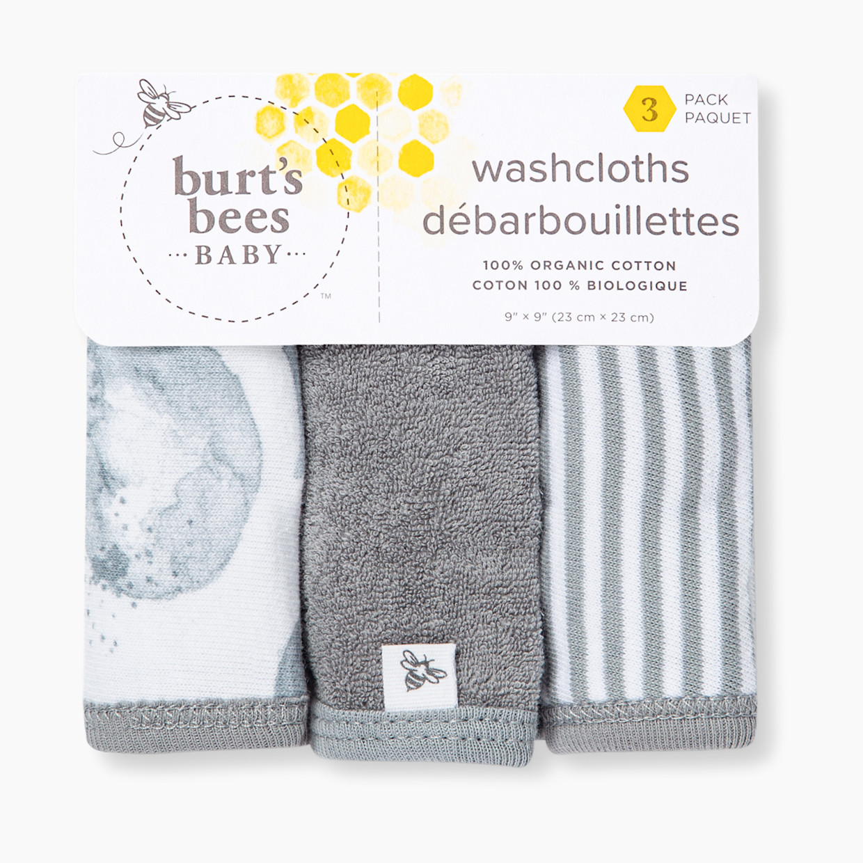 Burt's Bees Baby Organic Washcloth (3 Pack) - Hello Moon Grey.