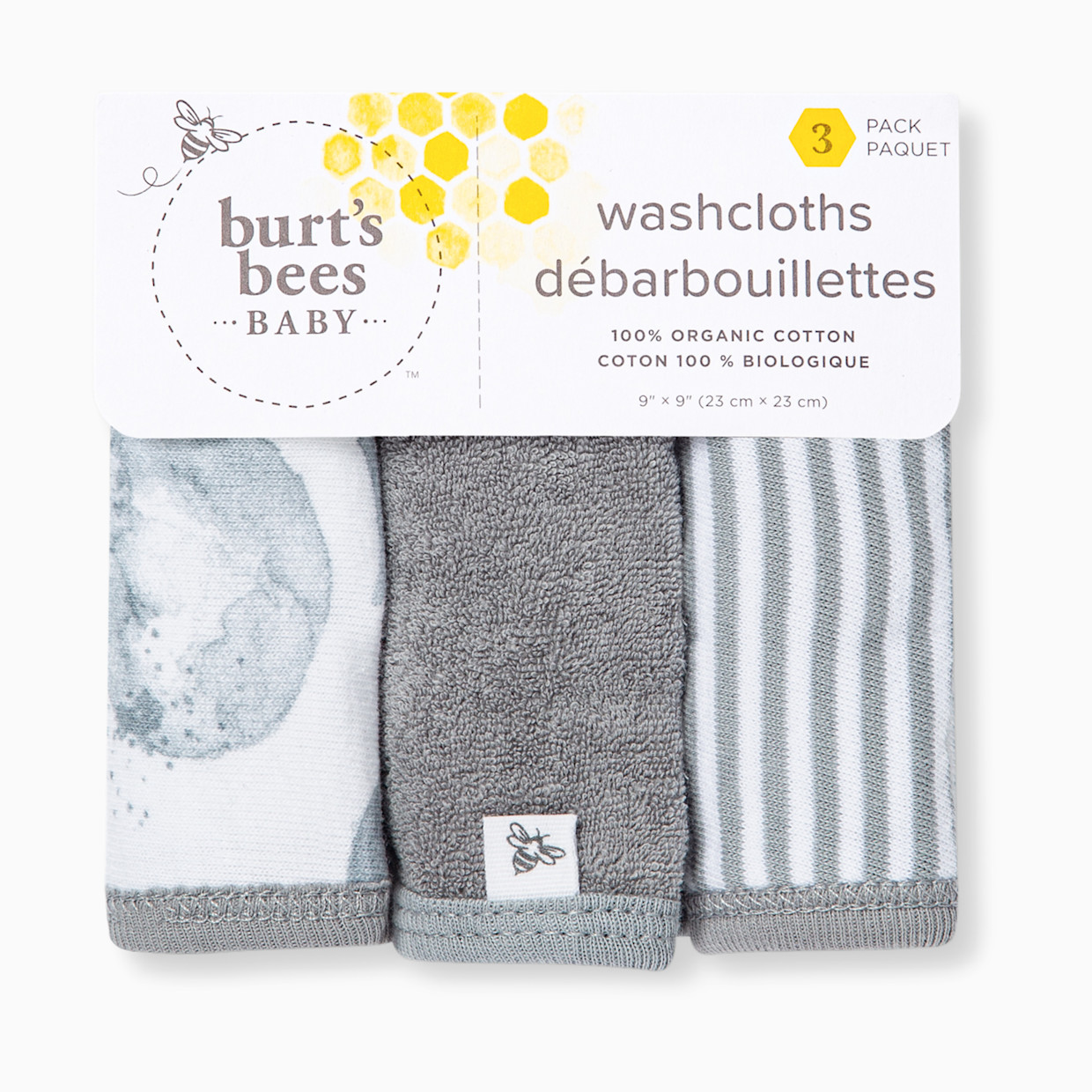 Burt's Bees Baby Organic Washcloths (3-Pack) - Hello Moon Grey.