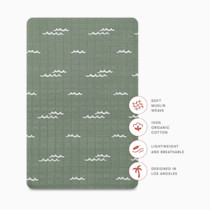 Infographic detailing fabric features: soft muslin, organic cotton, lightweight, breathable.