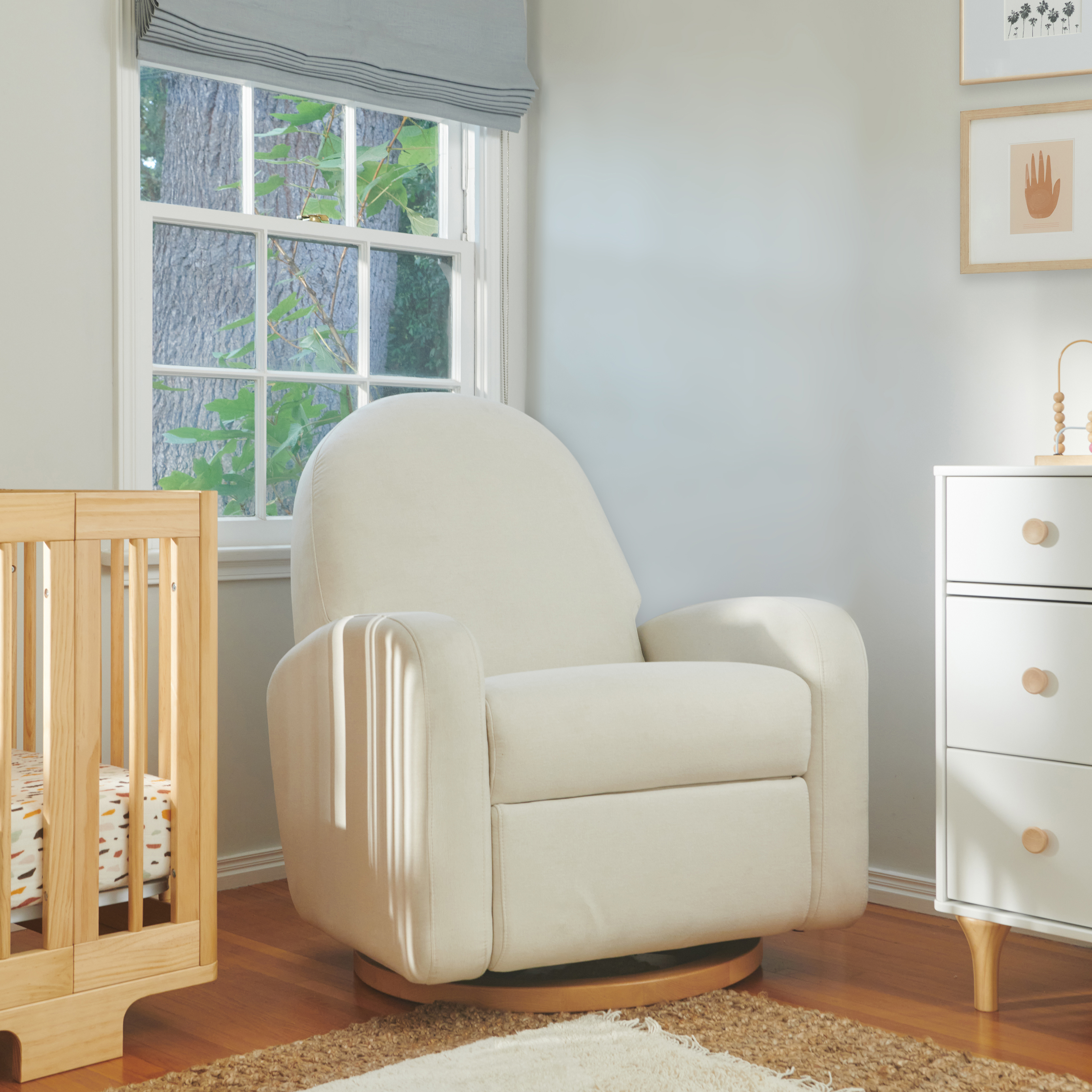 babyletto Nami Electronic Recliner and Swivel Glider - Performance Cream Eco-Weave With Light Wood Base.