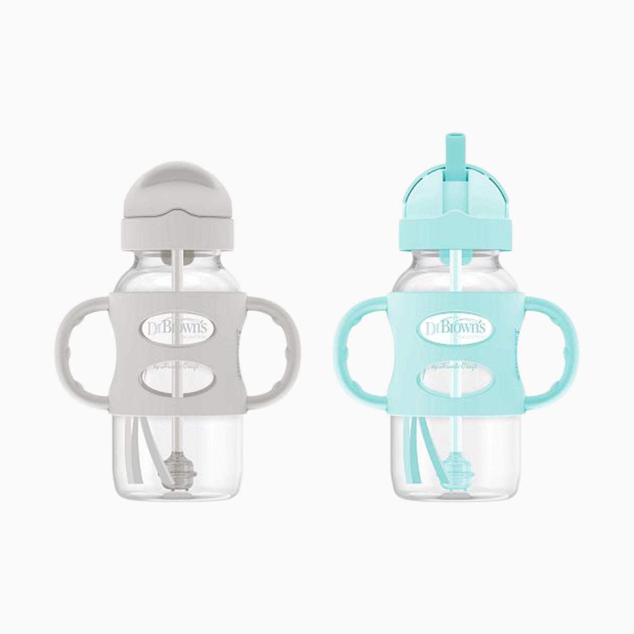 Dr. Brown's Wide-Neck Sippy Straw Bottle with Silicone Handles (2 Pack) - Gray & Green, 9 Oz, 2.