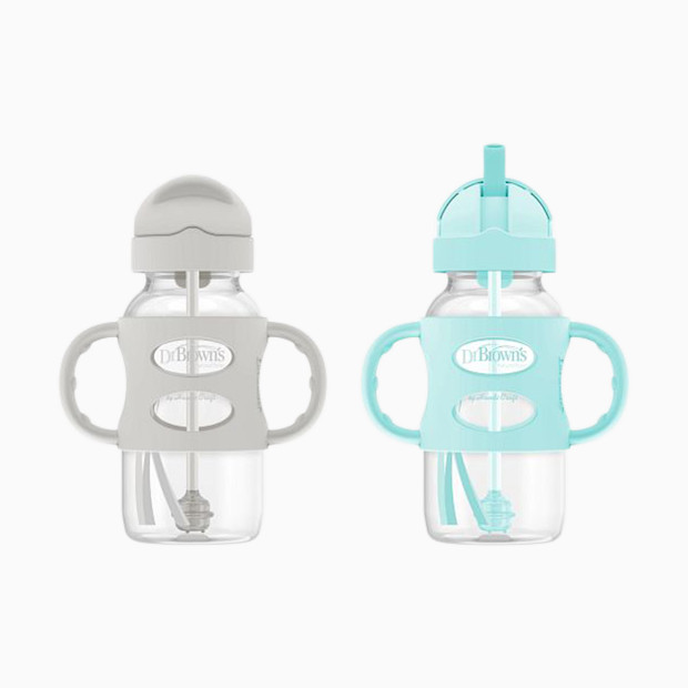 Dr. Brown's Wide-Neck Sippy Straw Bottle with Silicone Handles (2 Pack) - Gray & Green, 9 Oz, 2.
