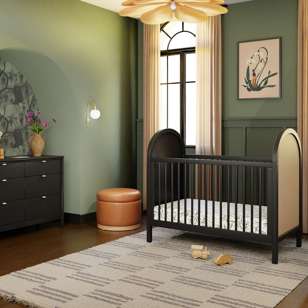 babyletto Bondi 3-in-1 Convertible Crib with Toddler Bed Conversion Kit - Black With Natural Cane.