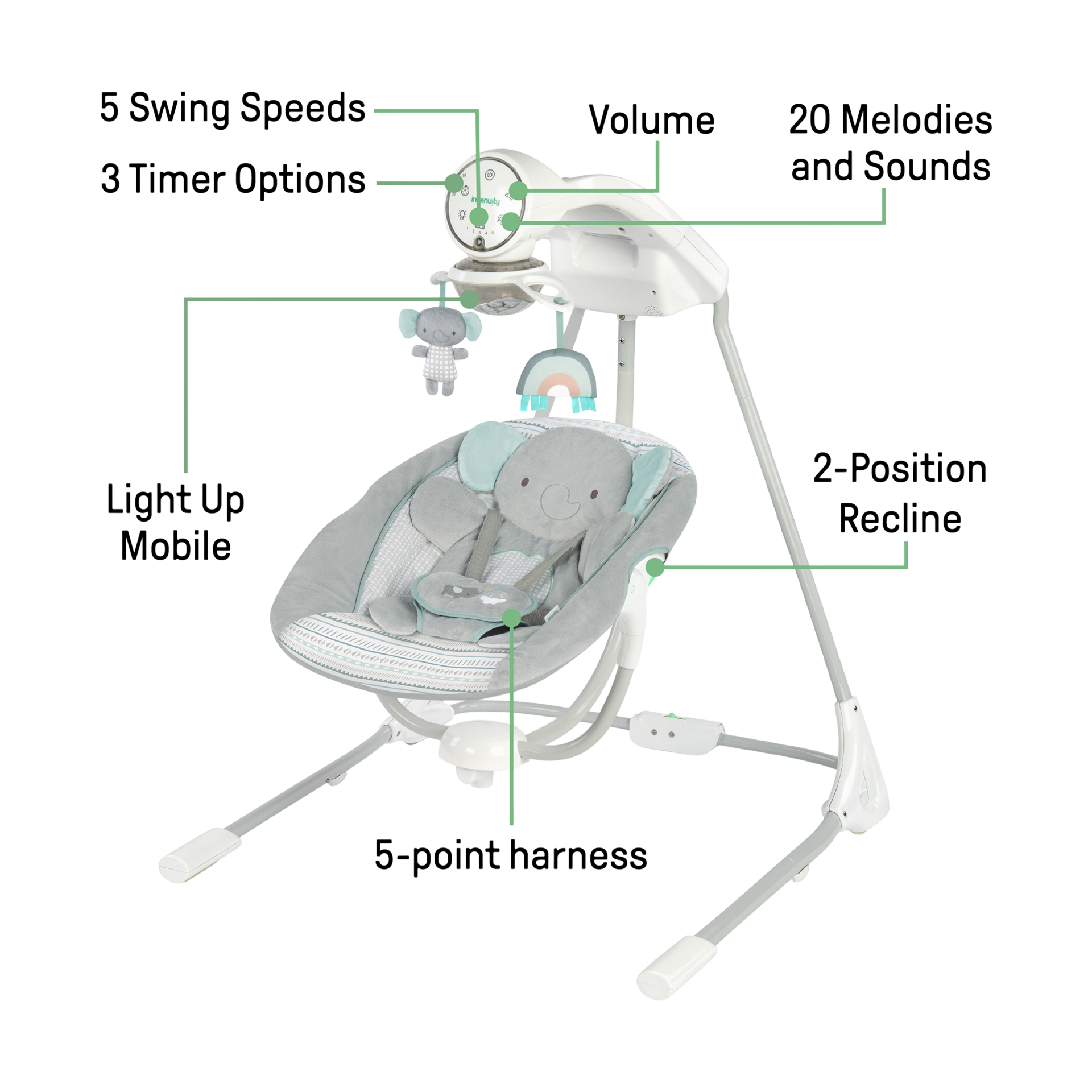 Ingenuity InLighten Soothing Baby Swing - Van The Elephant.