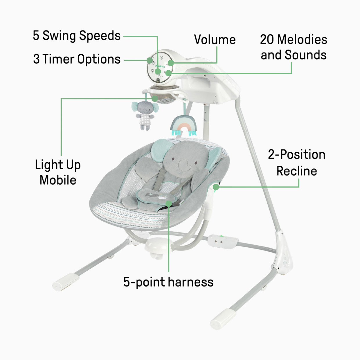 Ingenuity InLighten Soothing Baby Swing - Van The Elephant.