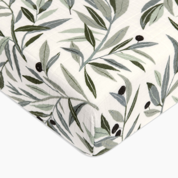 babyletto Crib Sheet in GOTS Certified Organic Muslin Cotton - Olive Branches.