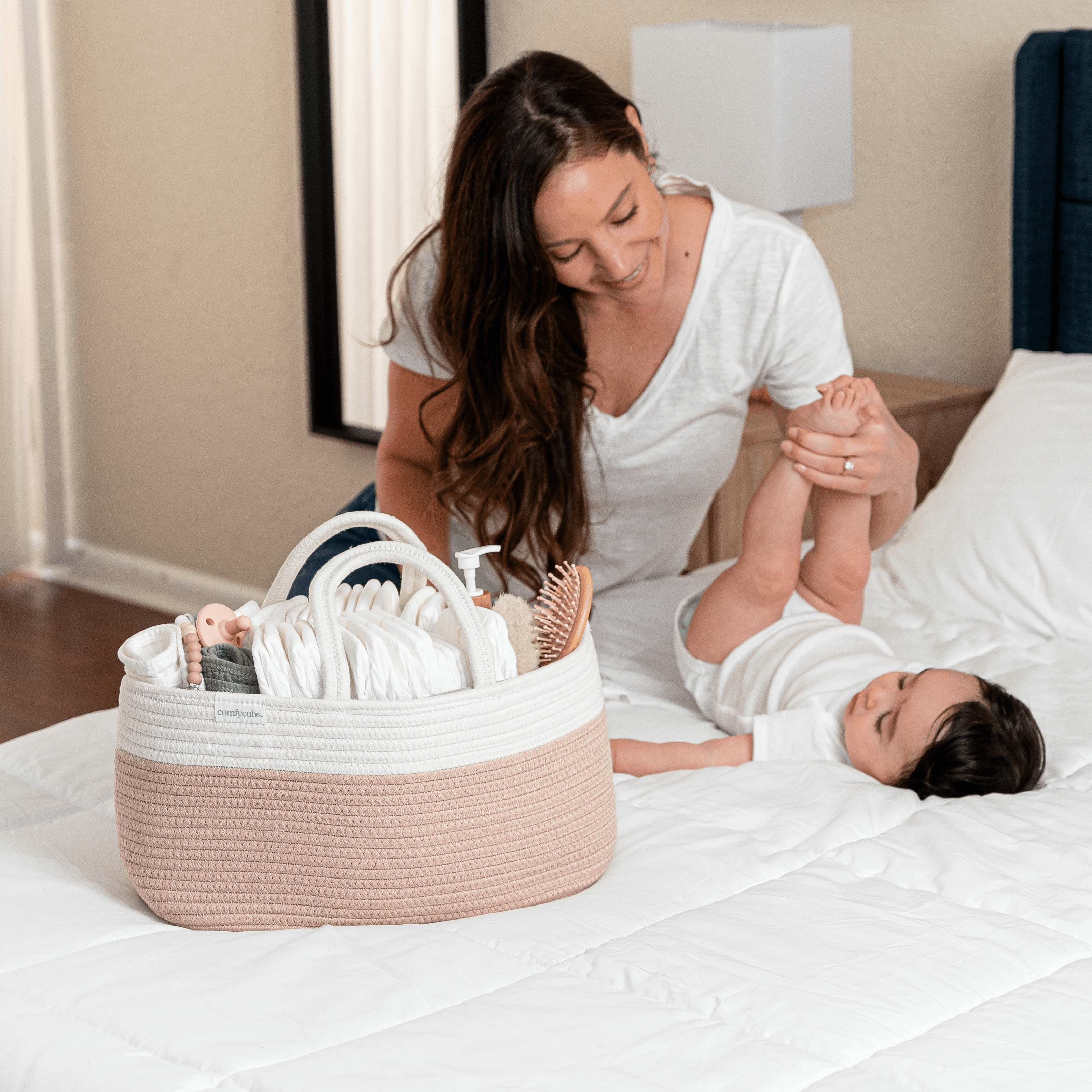 Comfy Cubs Rope Diaper Caddy Organizer with 3 Compartments - Blush.