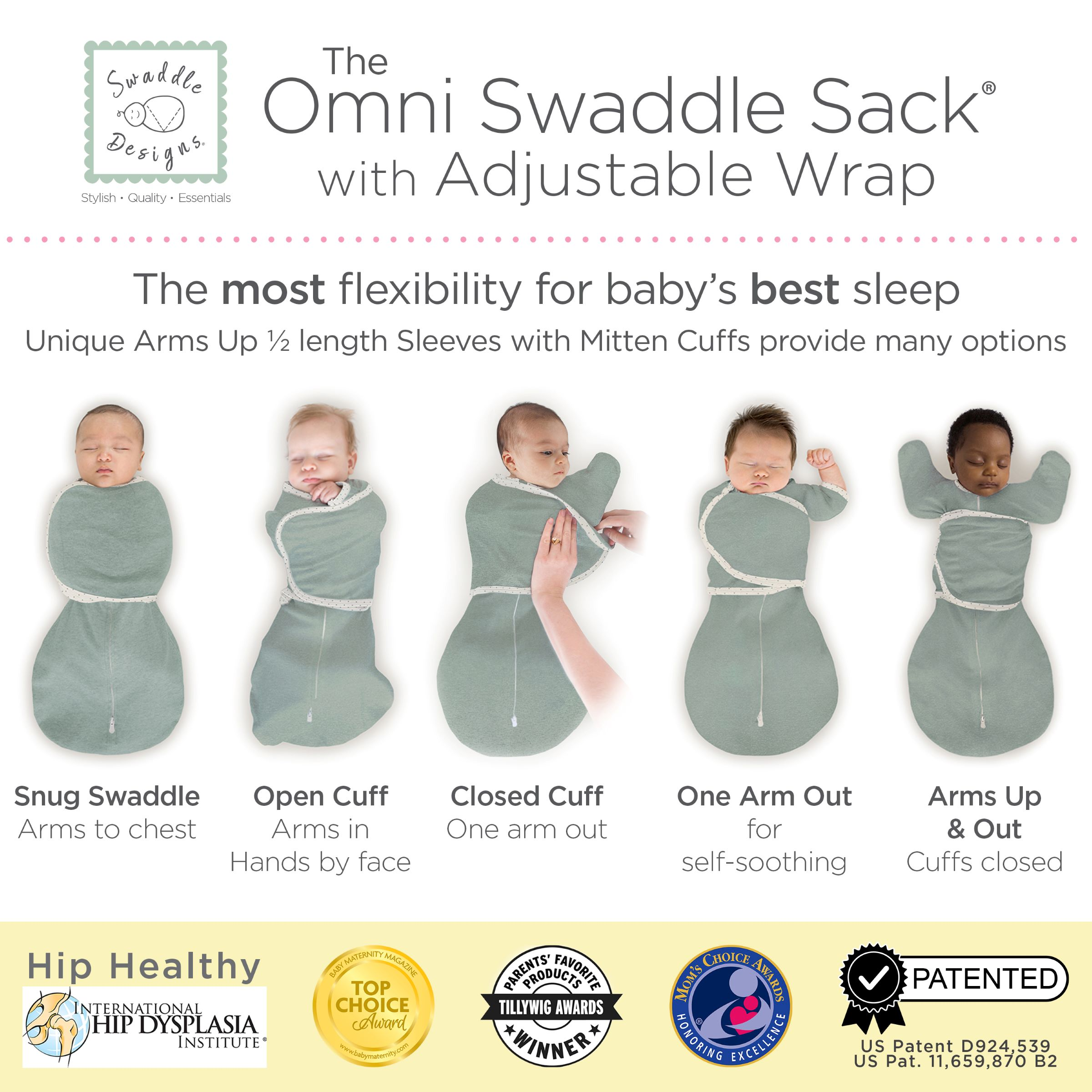 SwaddleDesigns Omni Swaddle Sack with Arms Up Half-Length Sleeves and Mitten Cuffs - Heathered Jadeite, Small 6-14 Lbs (0-3 Months).