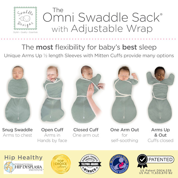 SwaddleDesigns Omni Swaddle Sack with Arms Up Half-Length Sleeves and Mitten Cuffs.