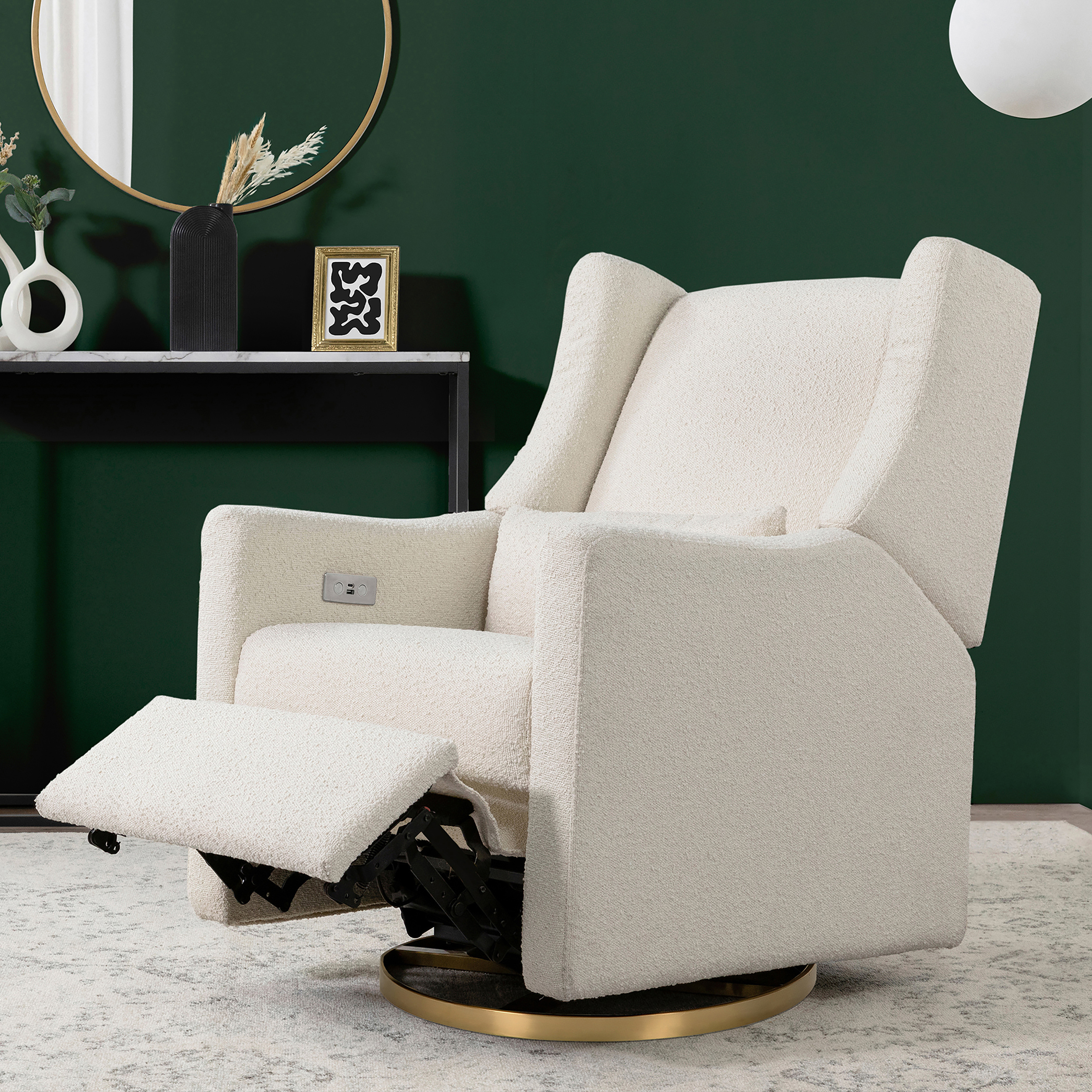 babyletto Kiwi Electronic Recliner and Swivel Glider - Ivory Boucle With Gold Base.