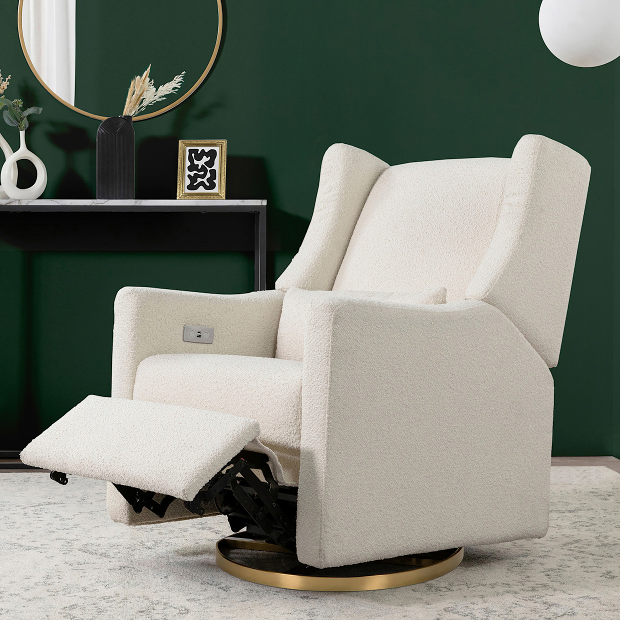 babyletto Kiwi Electronic Recliner and Swivel Glider - Ivory Boucle With Gold Base.
