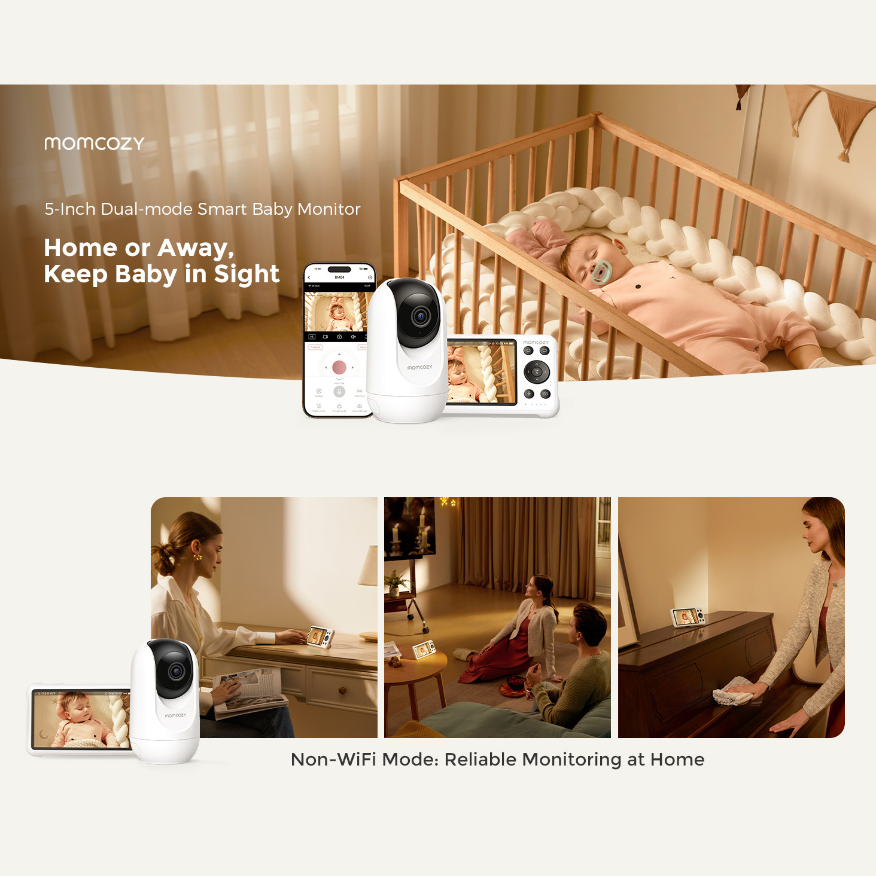 Momcozy Smart WiFi Baby Monitor with Camera, 5" 1080P Screen with Wall Mount.
