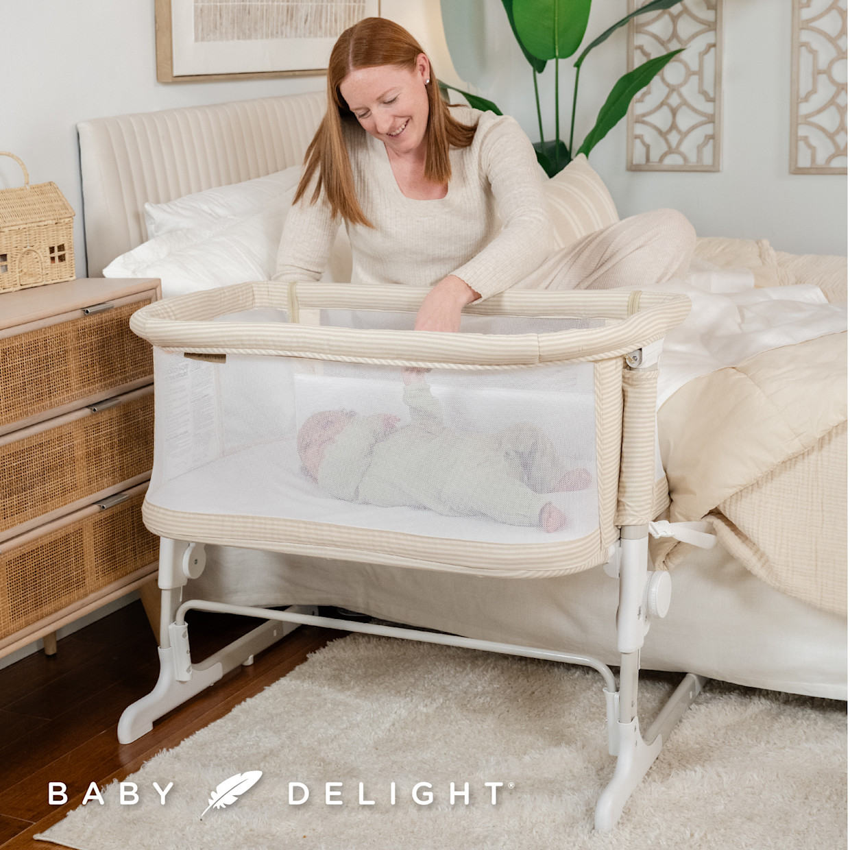 Baby Delight Beside Me Dreamer Bassinet & Bedside Sleeper - Tan Linen Stripe.