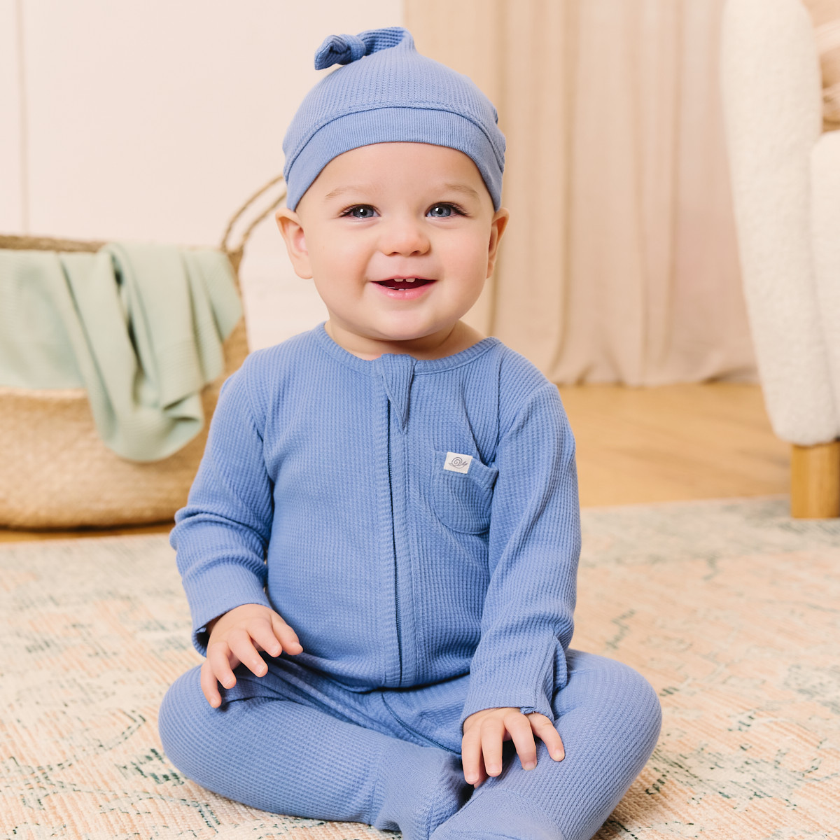 Tiny Kind Organic Waffle Footie - Ocean, Newborn.