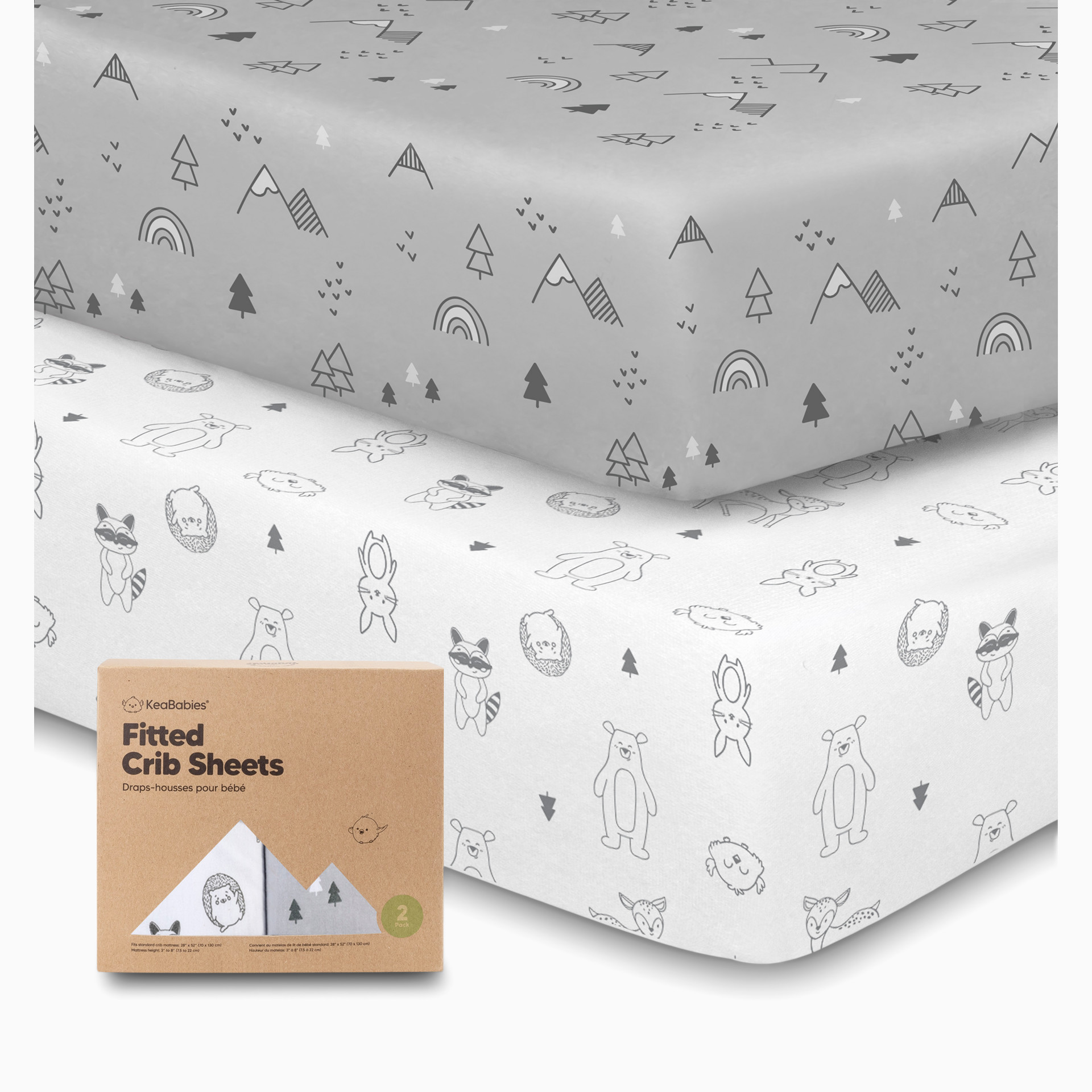 KeaBabies fitted crib sheets with line art pattern and box.