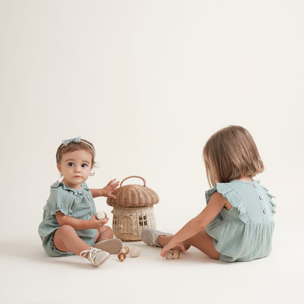 Elegant Baby Organic Muslin Collared Dress & Bloomer Set - Light Sage, 3-6 M.