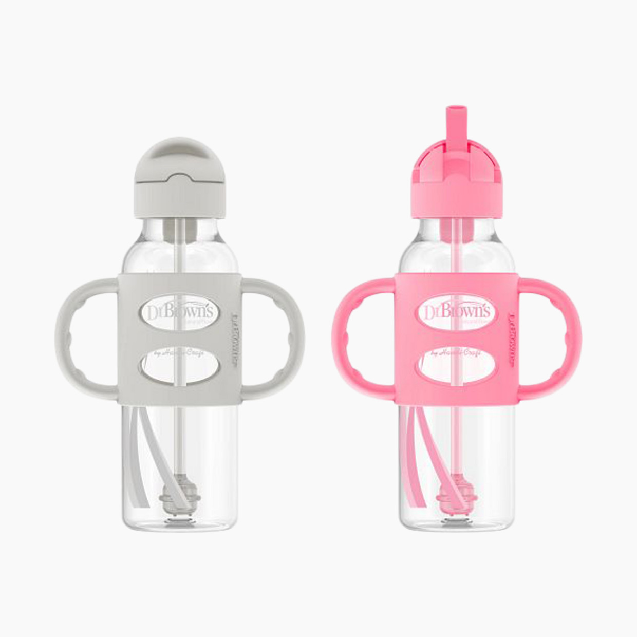 Dr. Brown's Narrow SIPPY STRAW Bottle 3/Silicone Handles - Gray & Pink, 8 Oz, 2.