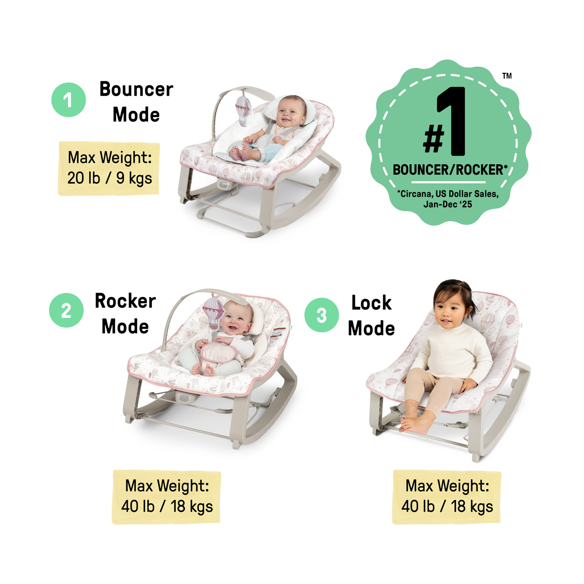 Ingenuity Keep Cozy 3-in-1 Vibrating Infant & Toddler Baby Bouncer and Rocker Chair - Skye.