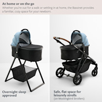 Mockingbird bassinet bundle shown with stand in two positions