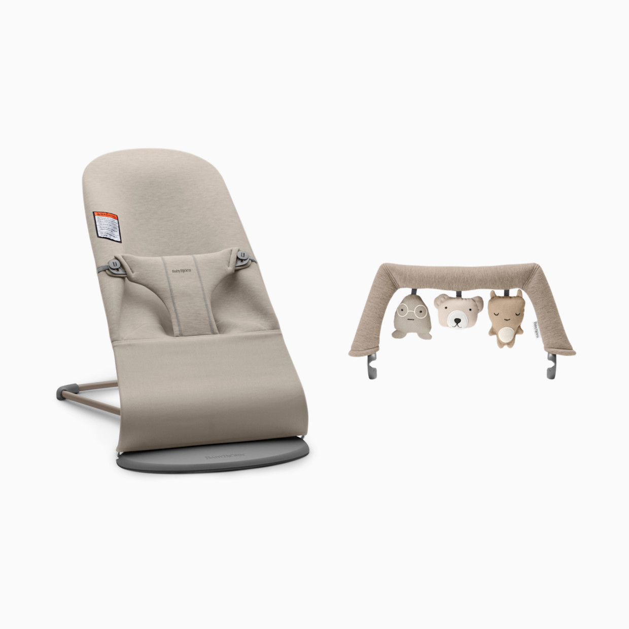 BabyBjörn Bouncer Bliss and Toy Bar Bundle - Sand Gray/Soft Friends Neutrals.