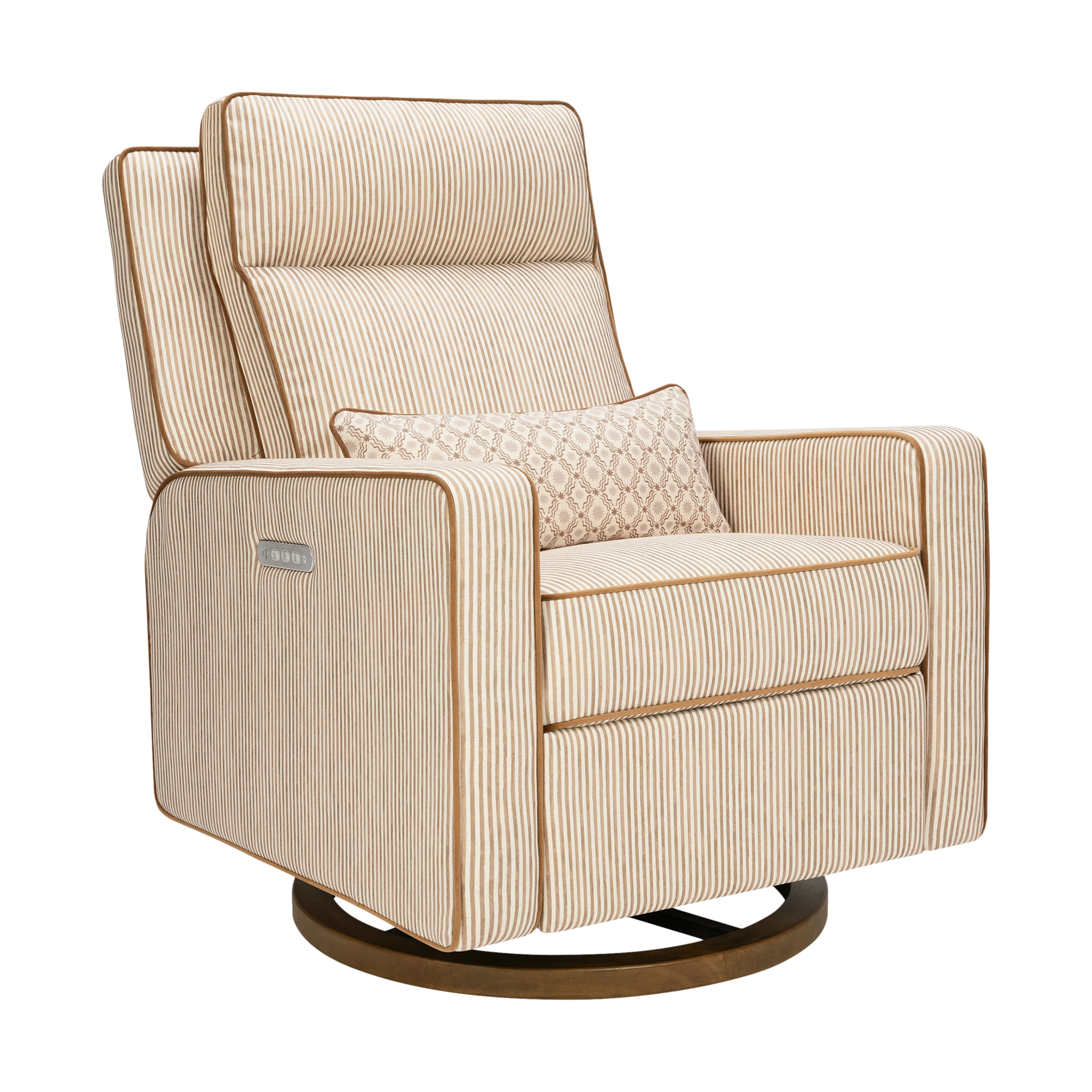 babyletto Sigi Pro Power Recliner and Swivel Glider by Nate Berkus - Performance Bronze Stripe Eco-Crossweave W/Toffee Base.