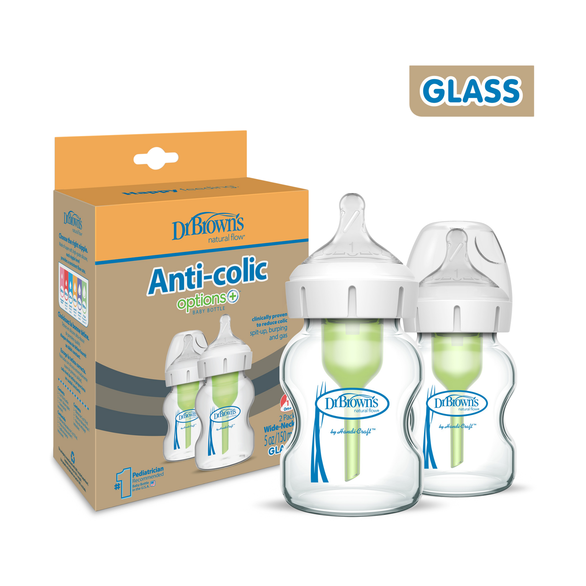 Dr. Brown's Anti-colic Options+ Wide-Neck Glass Baby Bottle.