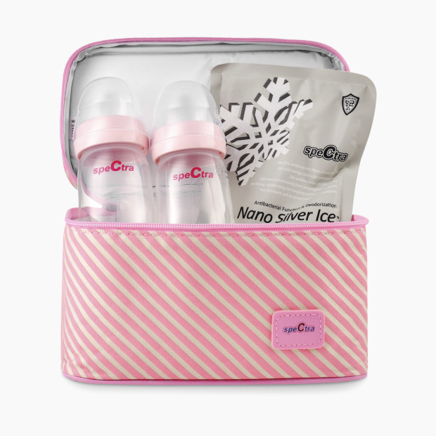 Spectra 9 Plus Portable Rechargeable Breast Pump with Grey Tote and Pink Cooler Kit.