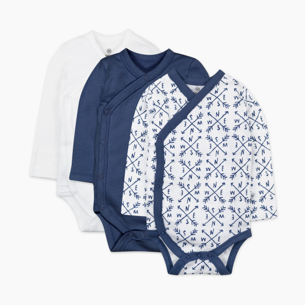 Honest Baby Clothing 3-Pack Organic Cotton Long Sleeve Side-Snap Bodysuits, Honestly Pure White - Compass Blue, Nb.