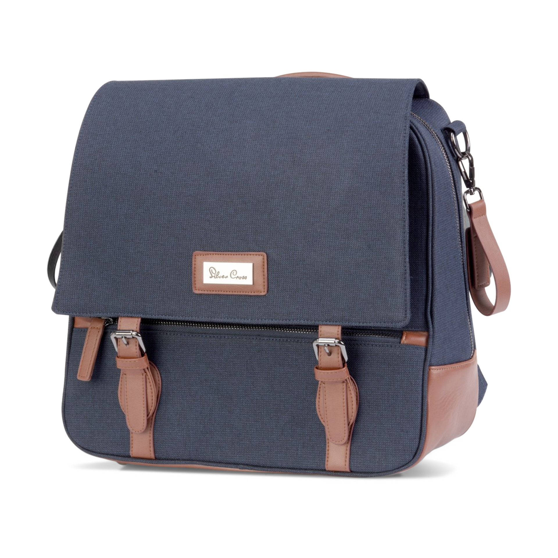 Crafted from premium fabrics, this luxurious backpack-style diaper bag features leatherette details, a magnetic fastening and adjustable shoulder straps.