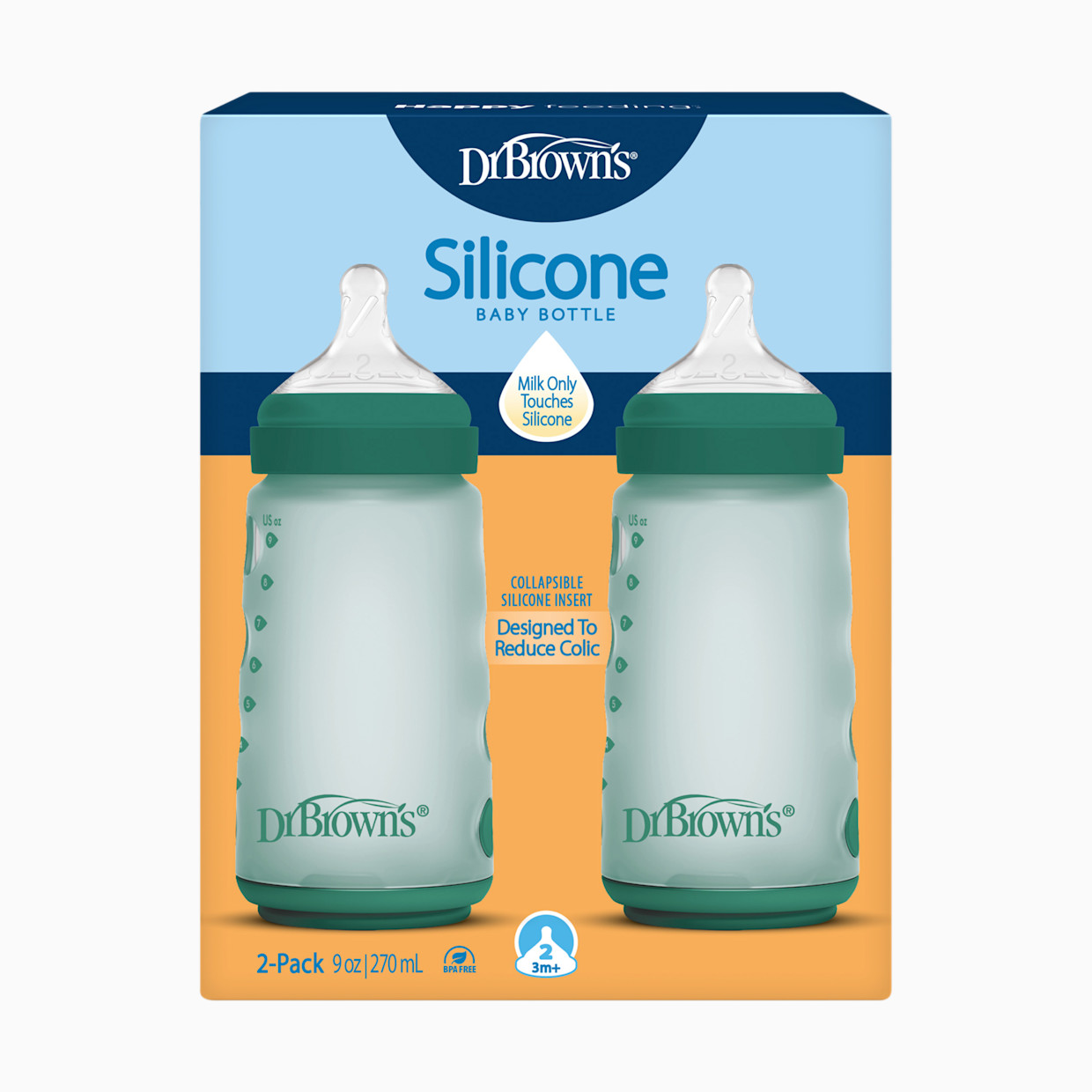 Dr. Brown's Options+ Wide-Neck Silicone Baby Bottles - Green, 9 Oz.