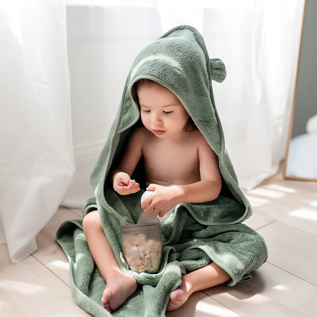 Natemia Organic Baby Hooded Towel - Sage, 1.