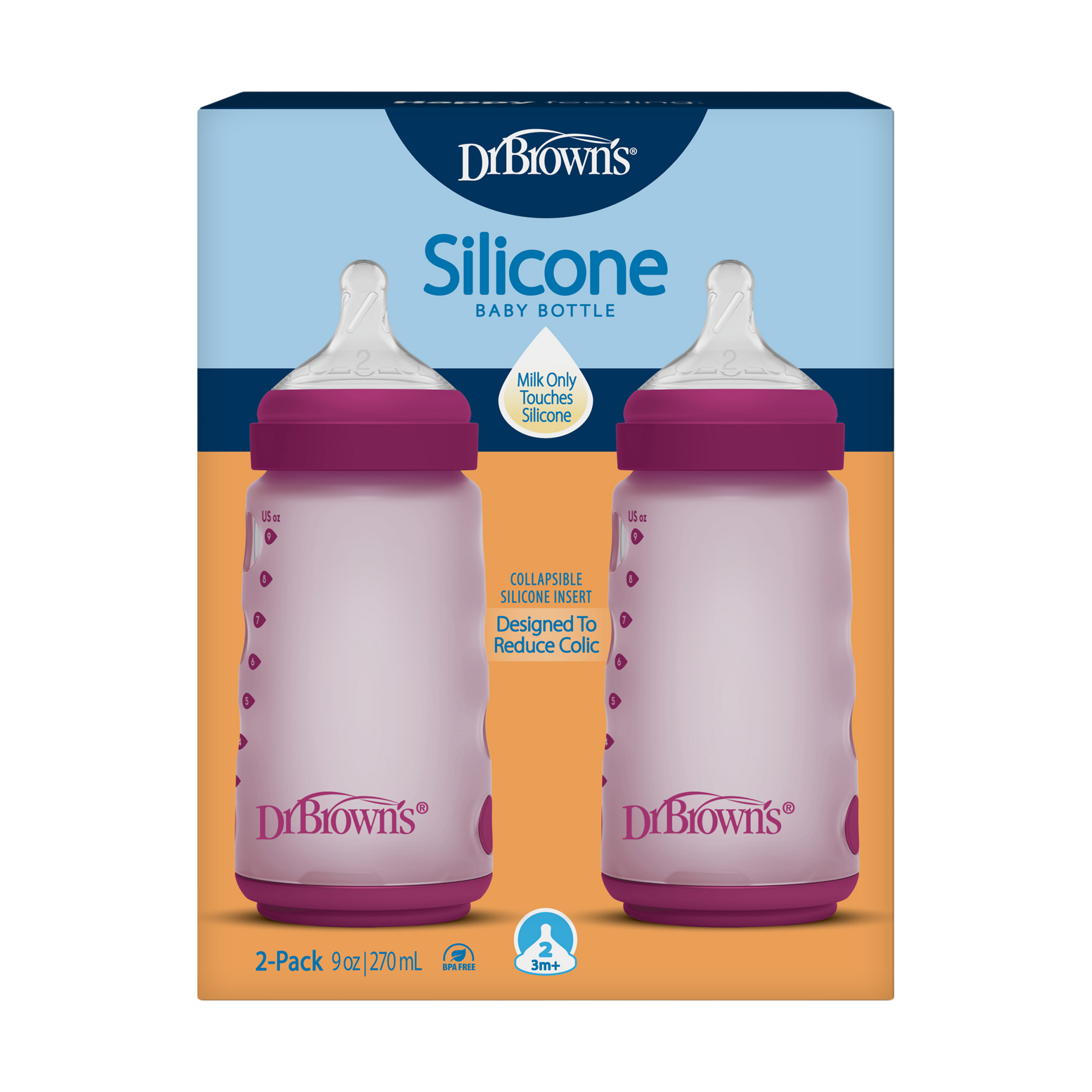 Dr. Brown's Options+ Wide-Neck Silicone Baby Bottles - Pink, 9 Oz.