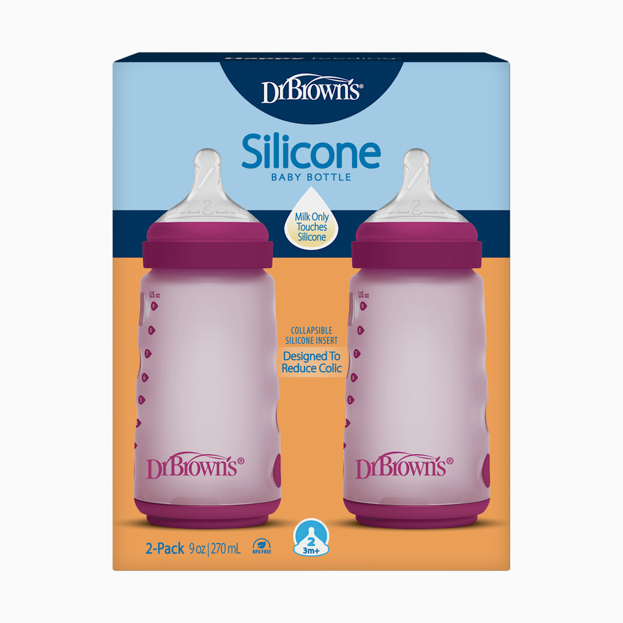 Dr. Brown's Options+ Wide-Neck Silicone Baby Bottles - Pink, 9 Oz.