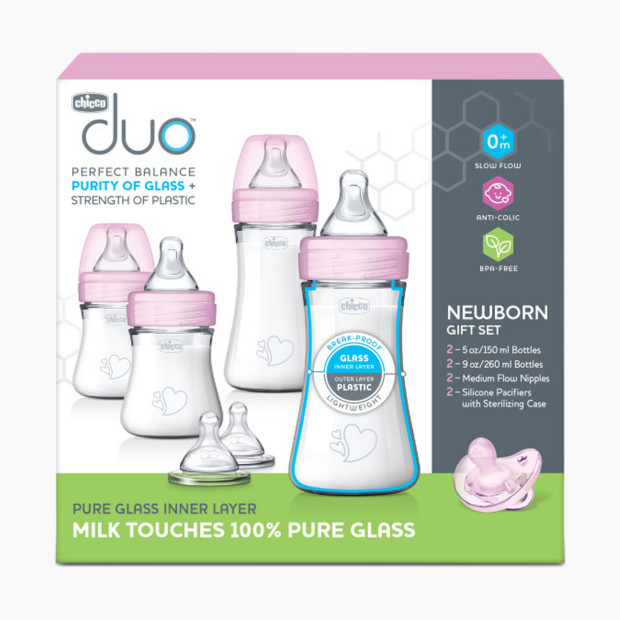 Chicco Duo Newborn Hybrid Baby Bottle Starter Gift Set with Invinci-Glass - Pink.
