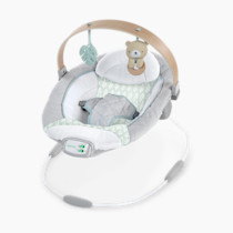 Ingenuity Cozy Spot Soothing Baby Bouncer with Wooden-Toy Arch, Natural Rubber-Toy, Safety Harness, Music & Auto-Shutoff, 0-6 Months, Grey