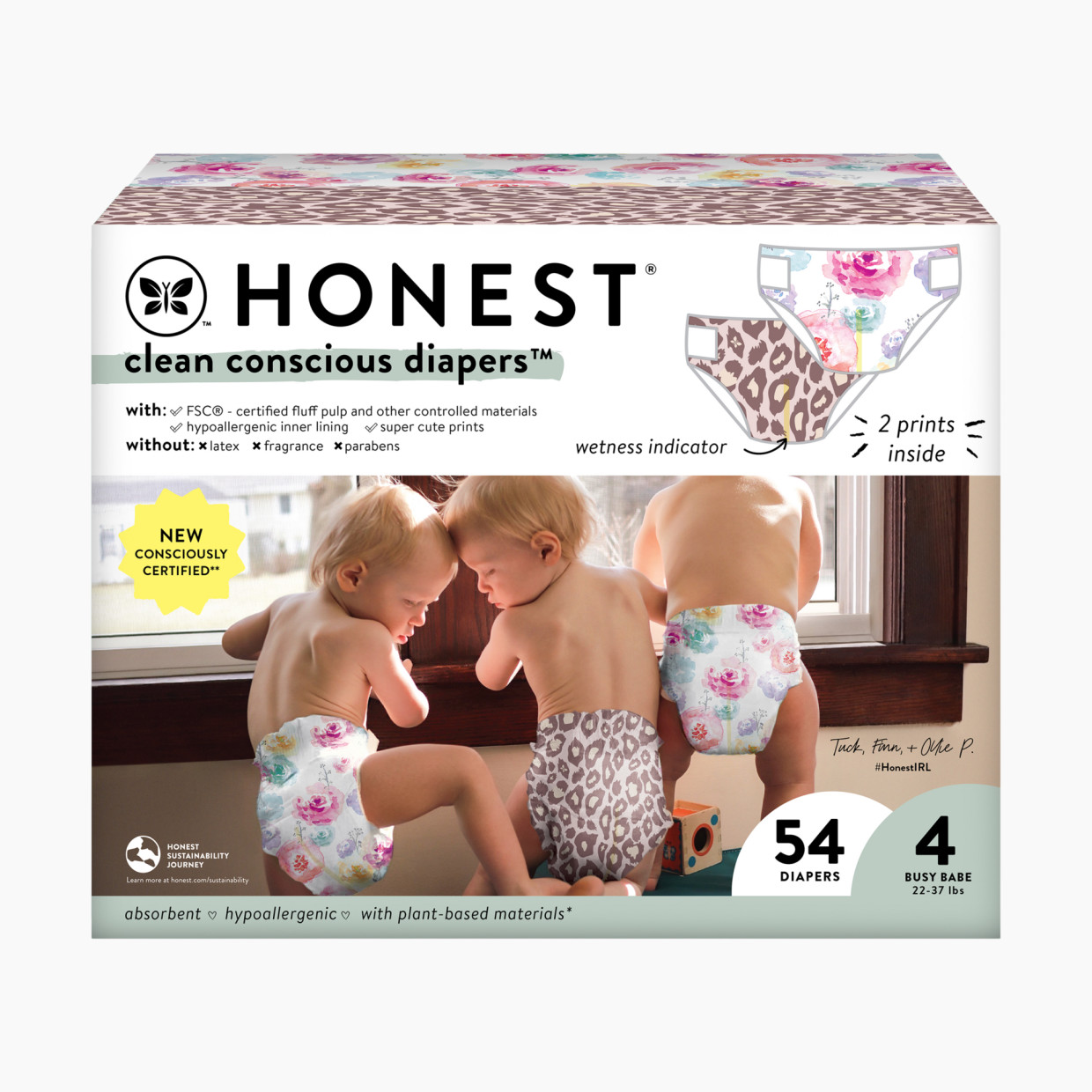 The Honest Company Clean Conscious Disposable Diapers - Wild Thang + Rose Blossom, Size 4, 54 Count.