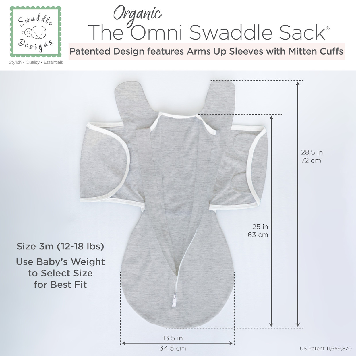 SwaddleDesigns Organic Omni Swaddle Sack with Arms Up Half-Length Sleeves and Mitten Cuffs TOG 1.0 - Soft Jadeite, 0-3 M.