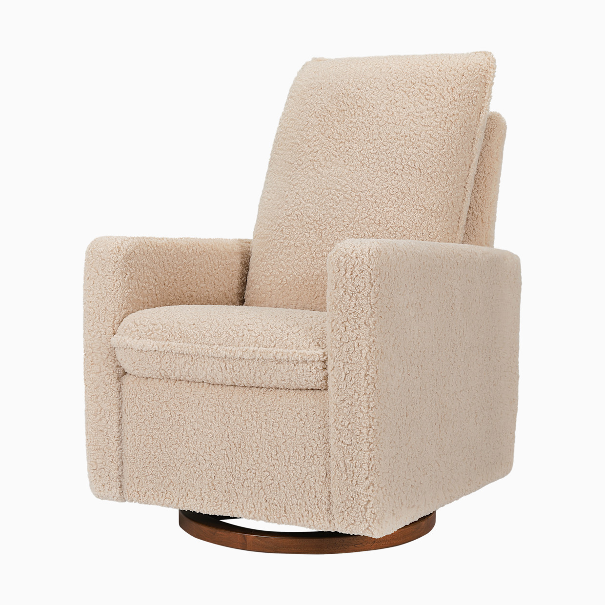 babyletto Cali Pillowback Swivel Glider - Chai Shearling With Dark Wood Base.