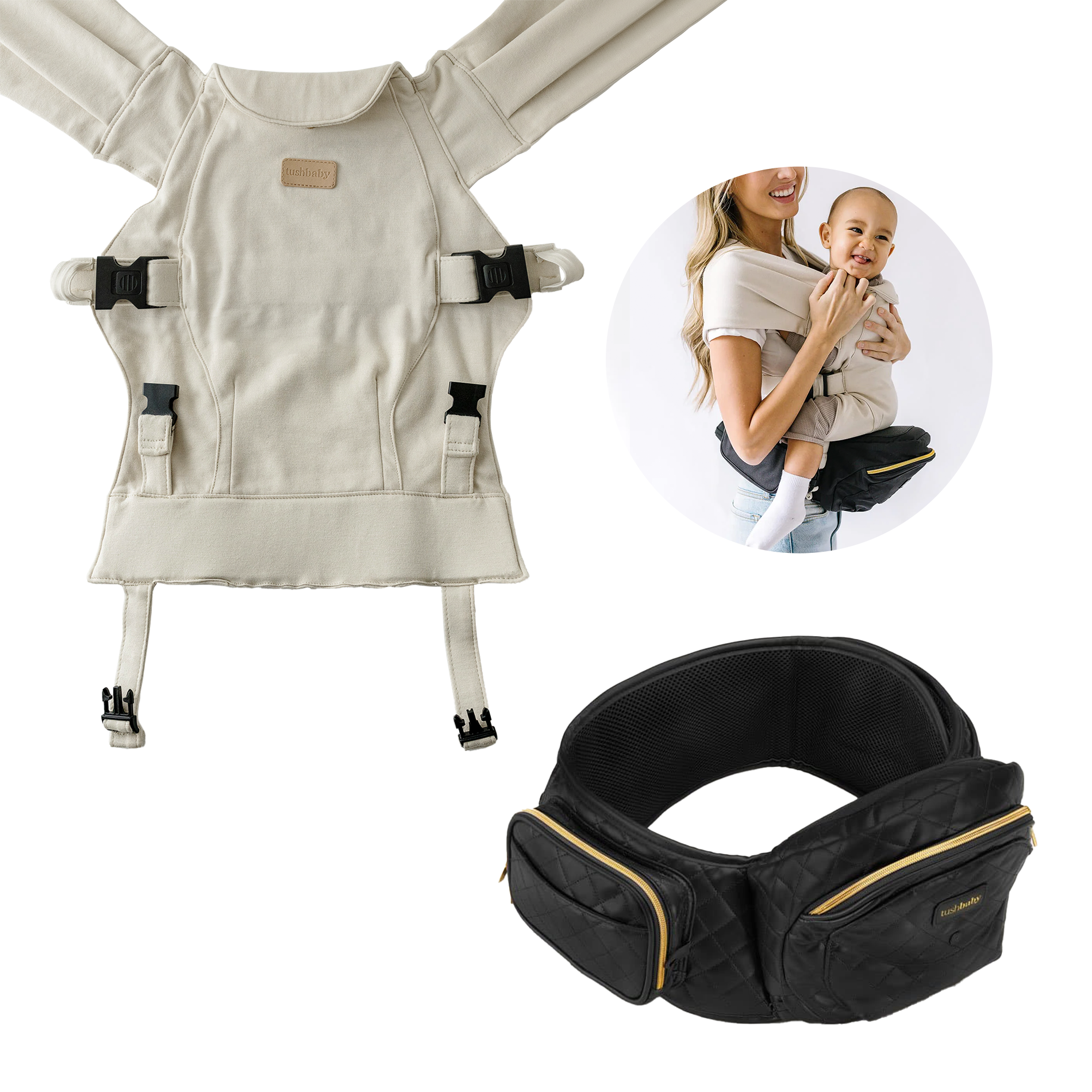 Tushbaby Hip Seat and Snug Carrier 2-in-1 Bundle - Black Vegan Leather, Cream Snug Carrier.