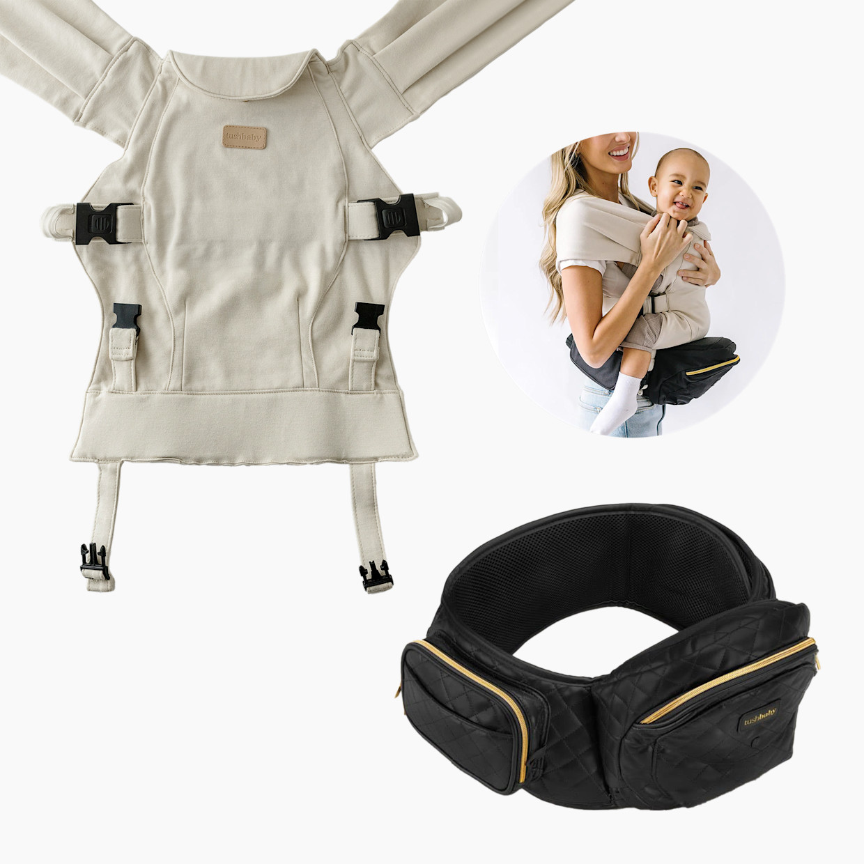 Tushbaby Hip Seat and Snug Carrier 2-in-1 Bundle - Black Vegan Leather, Cream Snug Carrier.