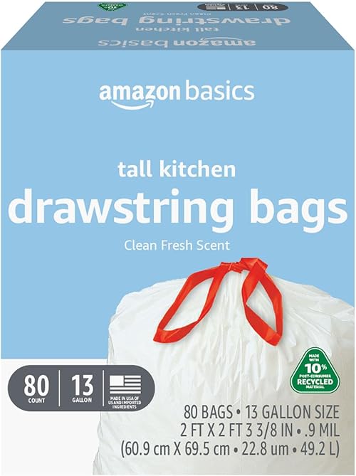 Amazon Basics 13 Gallon Tall Kitchen Drawstring Trash Bags.