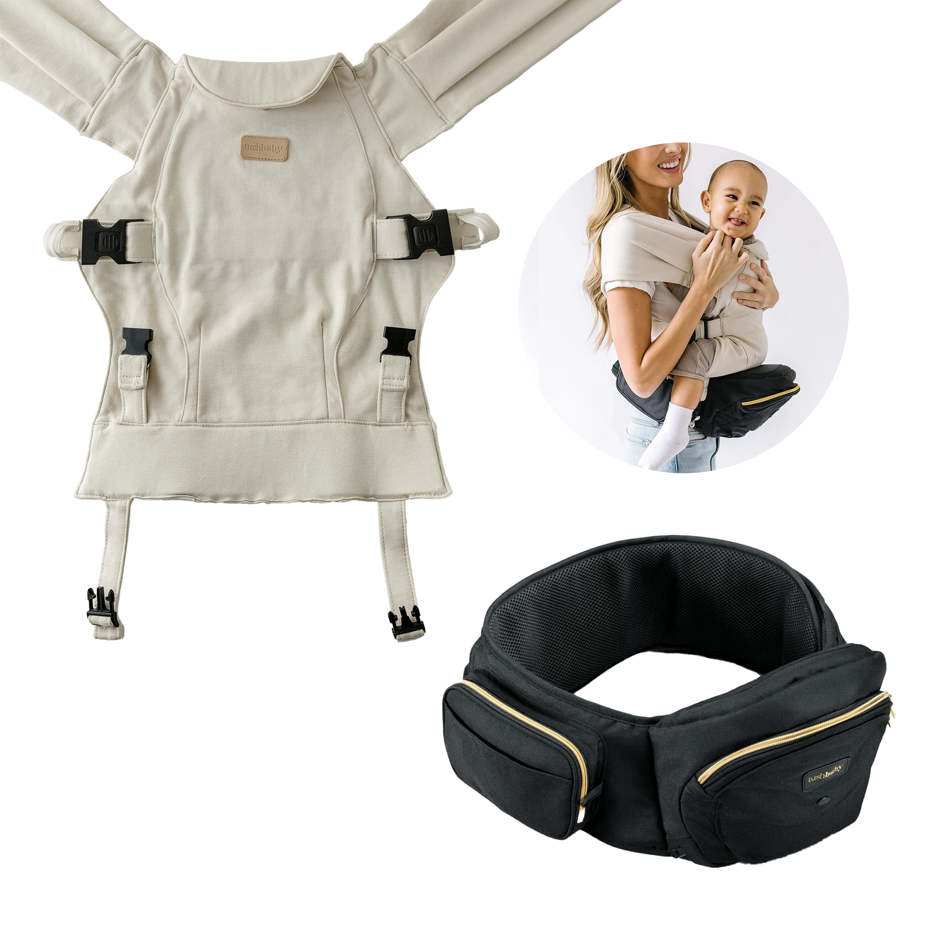 Tushbaby Hip Seat and Snug Carrier 2-in-1 Bundle - Black/Gold, Cream Snug Carrier.