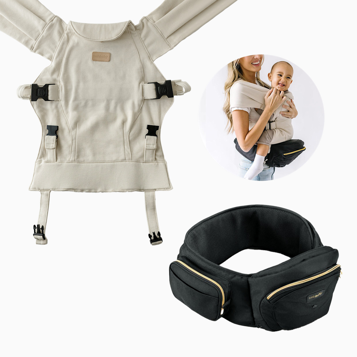 Tushbaby Hip Seat and Snug Carrier 2-in-1 Bundle - Black/Gold, Cream Snug Carrier.