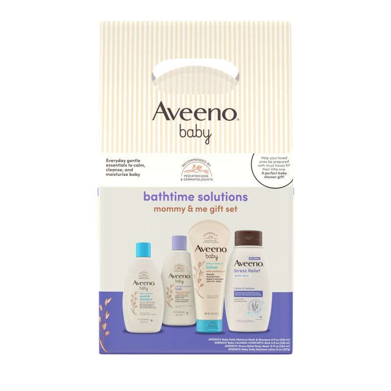 Aveeno Baby Bathtime Solutions Mommy & Me Gift Set, Baby Wash & Shampoo, Calming Bath, Daily Moisturizing Lotion and Stress Relief Body Wash for Mom, Colloidal Oat, Baby Bath Essentials, 4 items