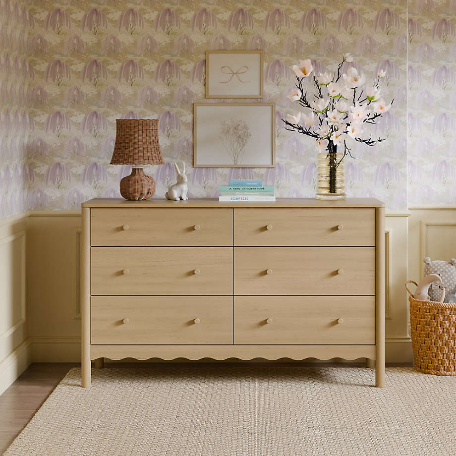 Babyletto Swell Washed Pine Wood Wide 6-Drawer Kids Dresser.