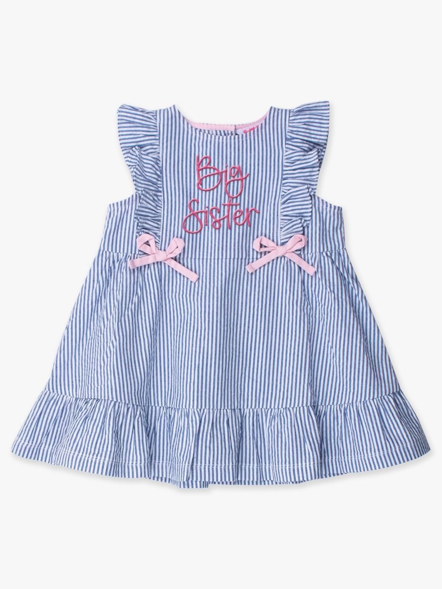Big Sister Embroidered Seersucker Pinafore Bow Dress.