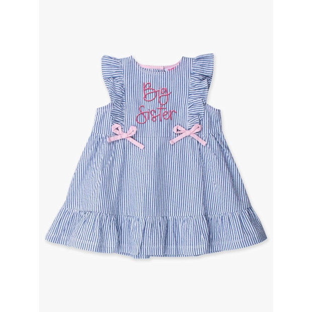 Big Sister Embroidered Seersucker Pinafore Bow Dress.