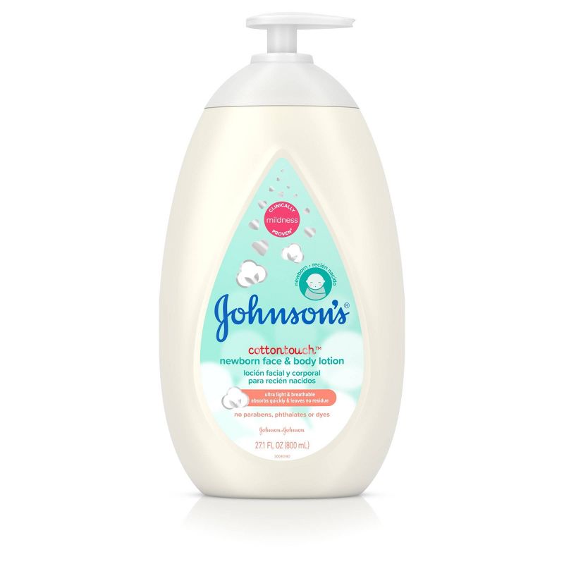 Johnson's CottonTouch Newborn Baby Face and Body Lotion, Hypoallergenic Moisturization for Baby's Skin, Made with Real Cotton, Paraben-Free, Dye-Free, 13.6 fl. oz